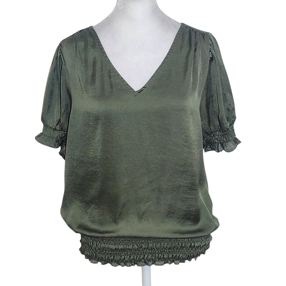 1. State Tops - 1 State Olive Green Satin Top with Smocking Size Small Green Blouse